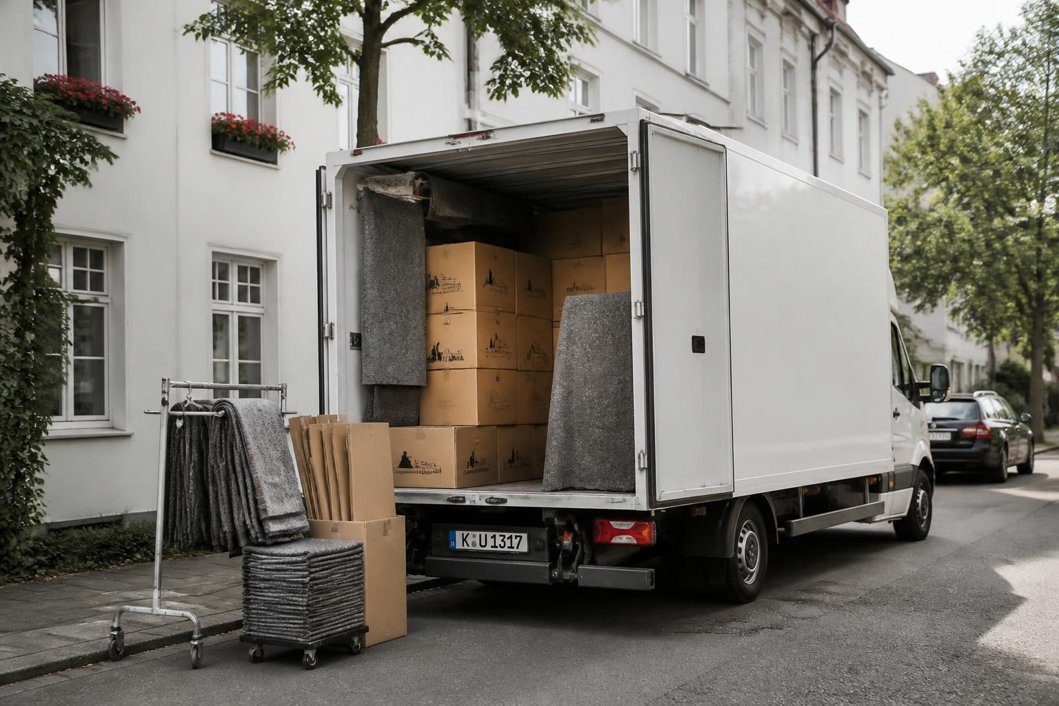 Moderner Umzugs-LKW mit sorgfältig gestapelten Kartons und Schutzdecken